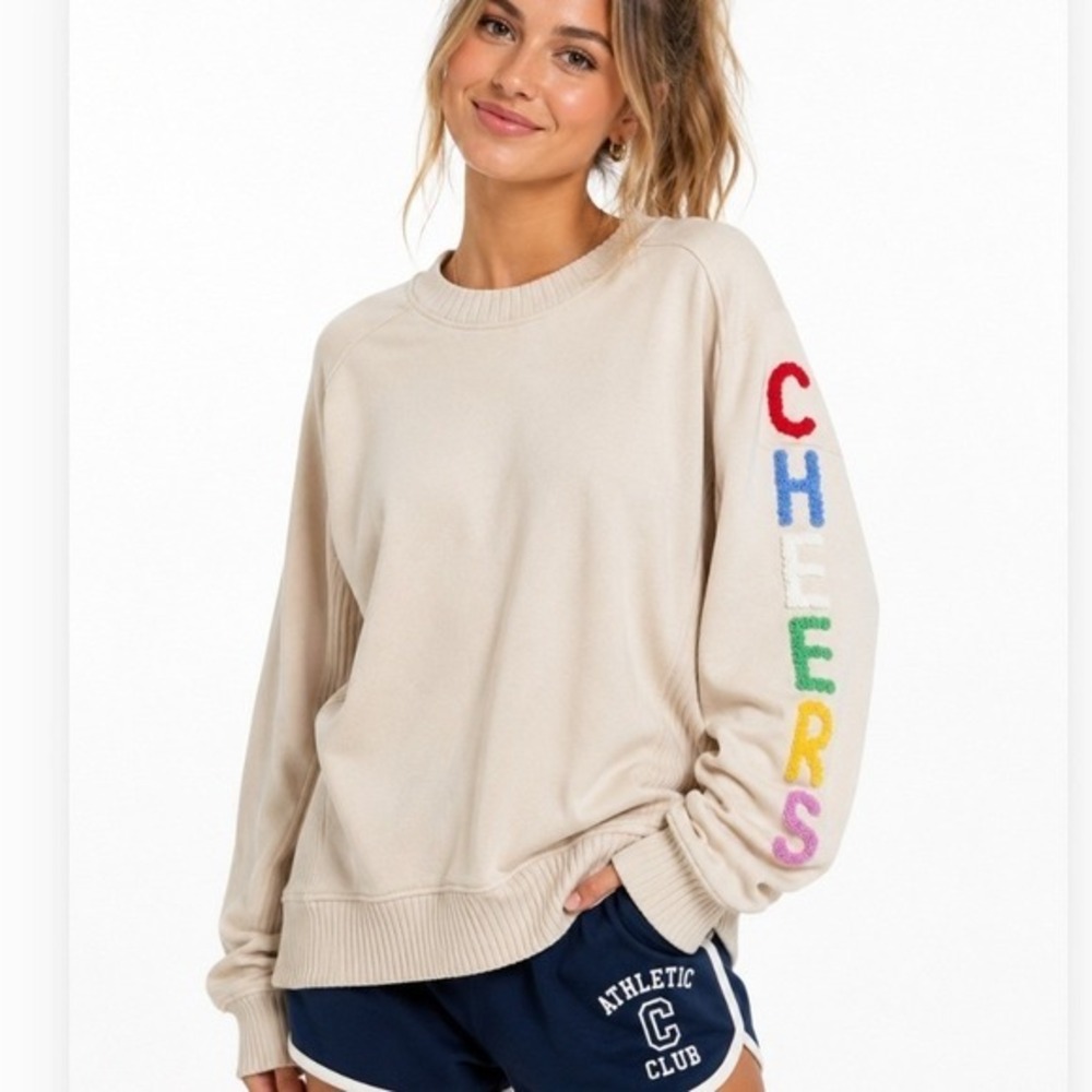Aerie Sweatshirt Small Tan Cheers Chenille Embroidery Clean Girl Soft Prep